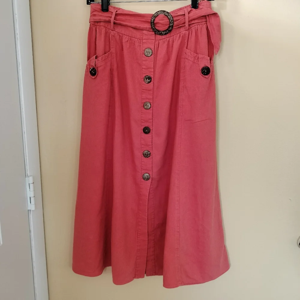 Topshop Linen Blend Orange A-Line Skirt Decorative Buttons Belt 6 Office Travel